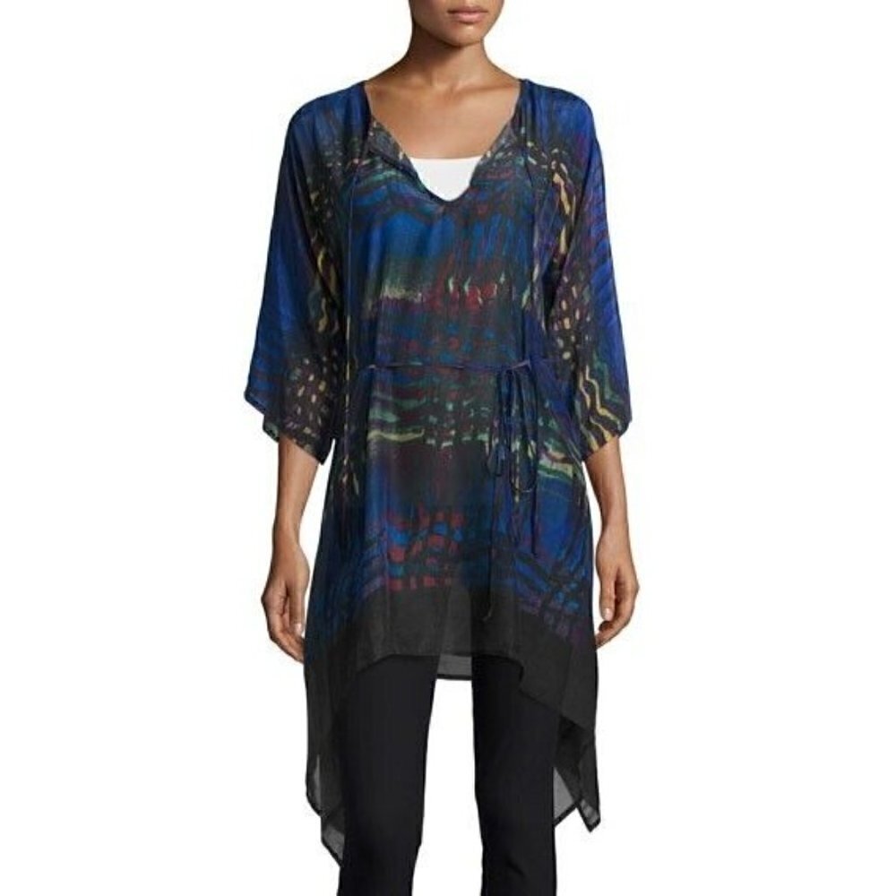 Johnny Was Wiggie Long Easy Tie-Neck Tunic Top Cupra Rayon Women's Small